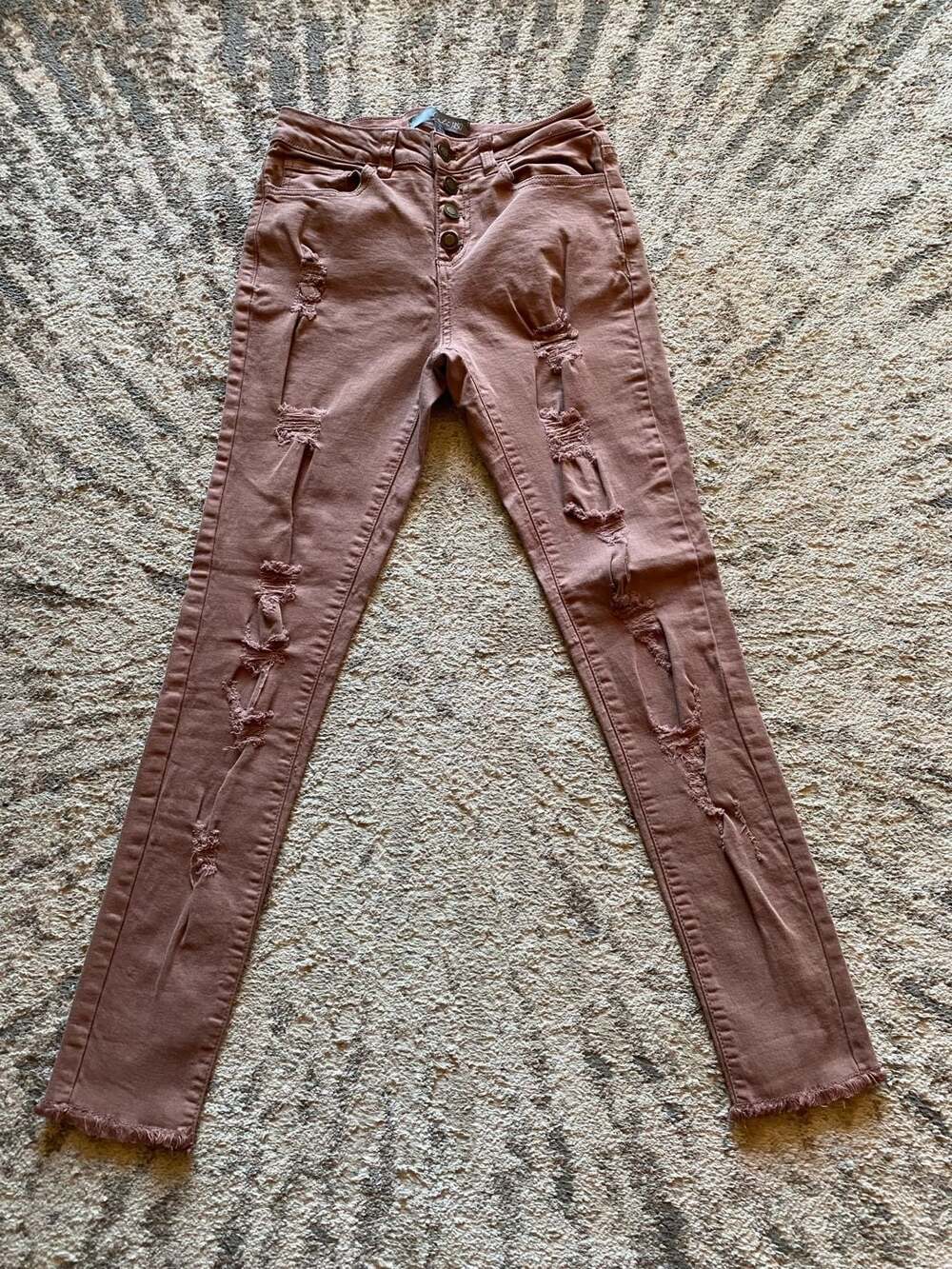 Cali 1850 Distressed Mauve Skinny Jeans with Button Fly, Size 1.